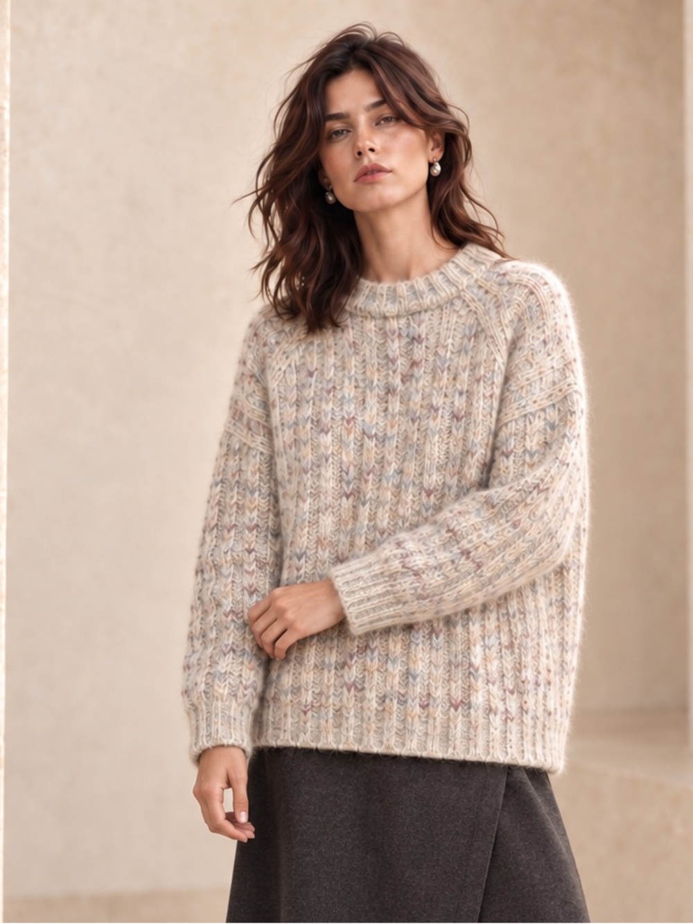 Vintage 80s Mohair Elegant Speckled Knit Sweater Chunky Knit Cream Pastel Sz L